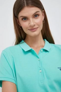 Γυναικεία Κοντομάνικο Βαμβακερό μπλουζάκι πόλο Gant τιρκουάζ